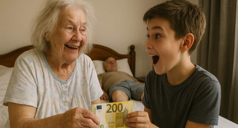 a boy and woman holding money