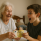 a boy and woman holding money